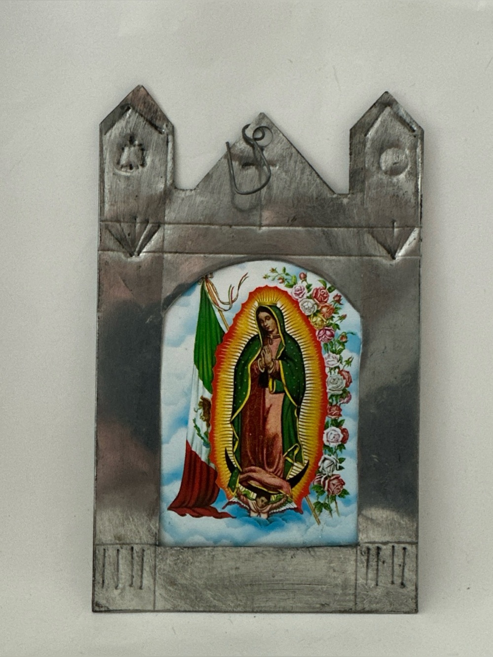 Vintage Mexican Tin Nicho Virgin of Guadalupe Art Ornament 4X6